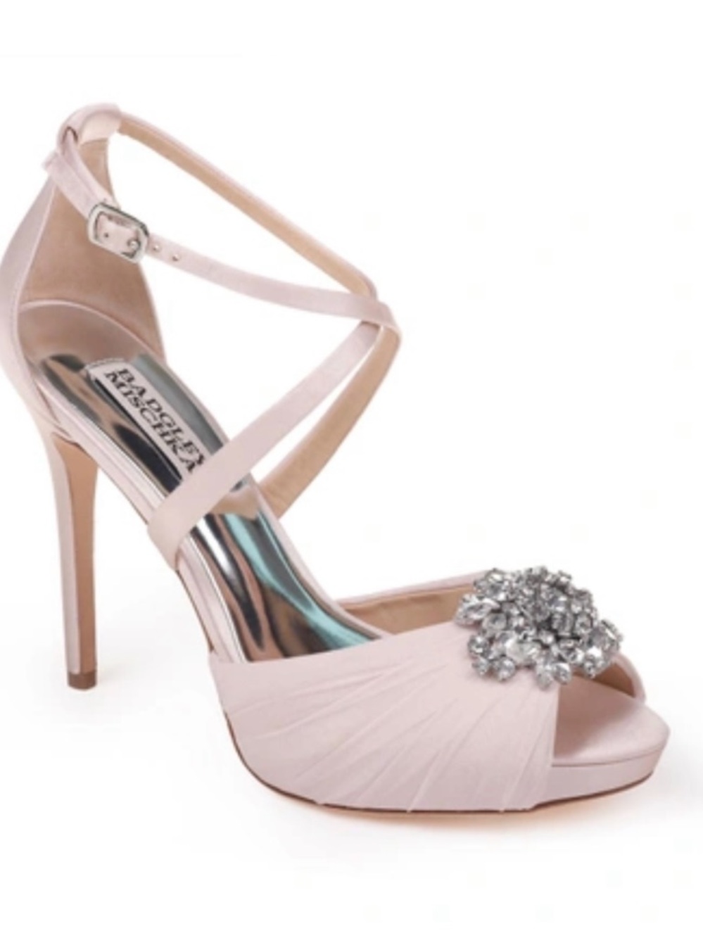 Badgley Mischka Satin Pink Blush Crystal Embellished Strappy Peep Toe Pump Heels